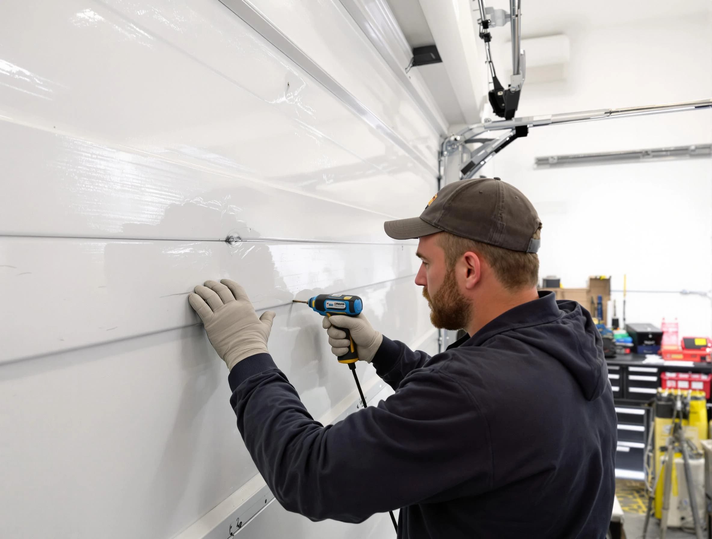 Passaic Garage Door Repair technician demonstrating precision dent removal techniques on a Passaic garage door