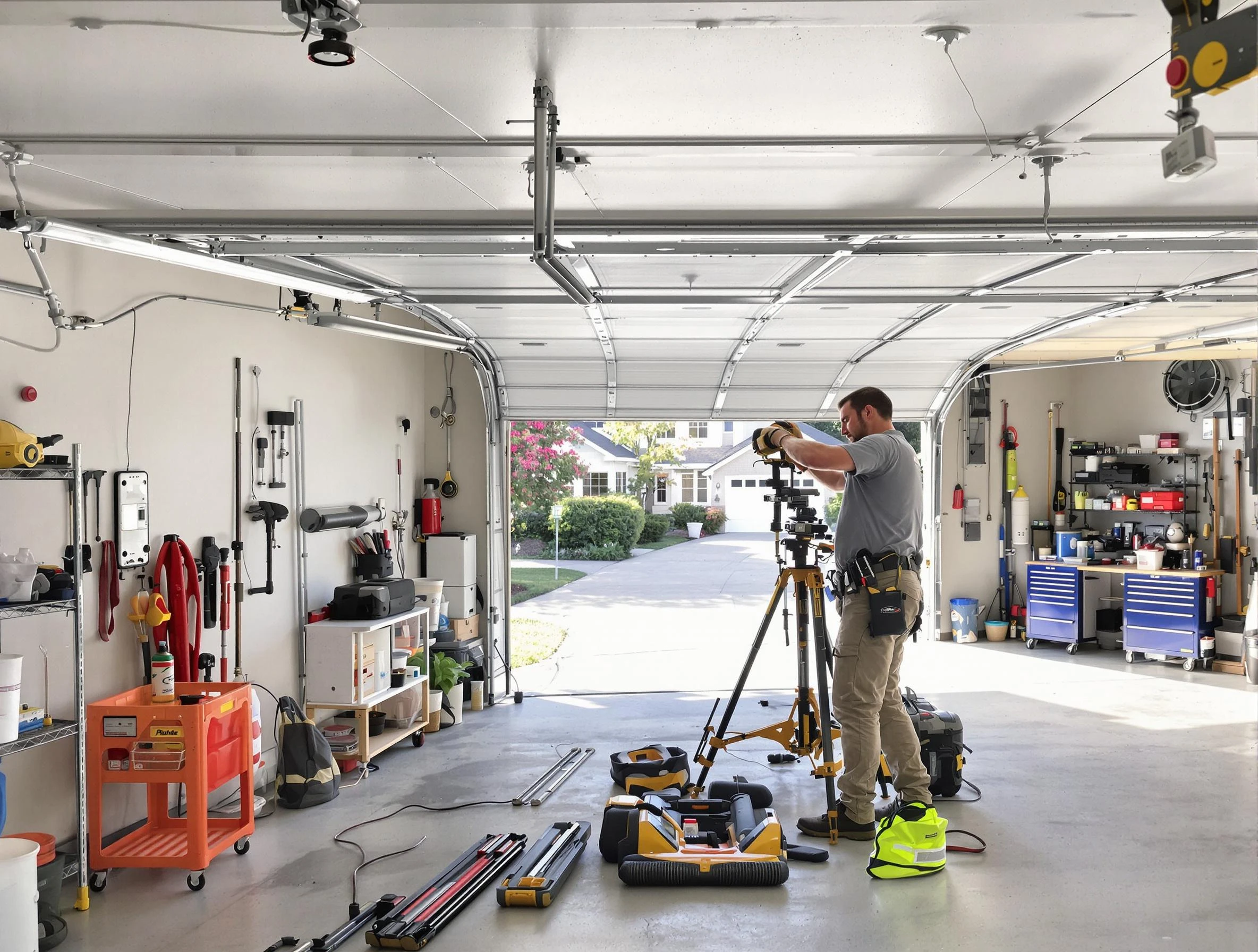 Passaic Garage Door Repair specialist performing laser-guided track alignment in Passaic